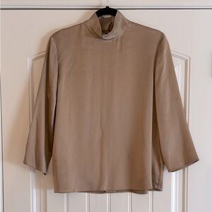 Vince Women's Silk Gold/Tan Mock Neck Top elbow length sleeves size Large